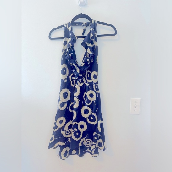 Amanda Uprichard Ruffle Halter Mini V neck dress in Navy/Cream Pattern - Small - Picture 6 of 12